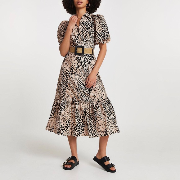 River Island Dresses & Skirts - River Island Beige short sleeve animal print shirt midi dress Cream Size UK6 US2